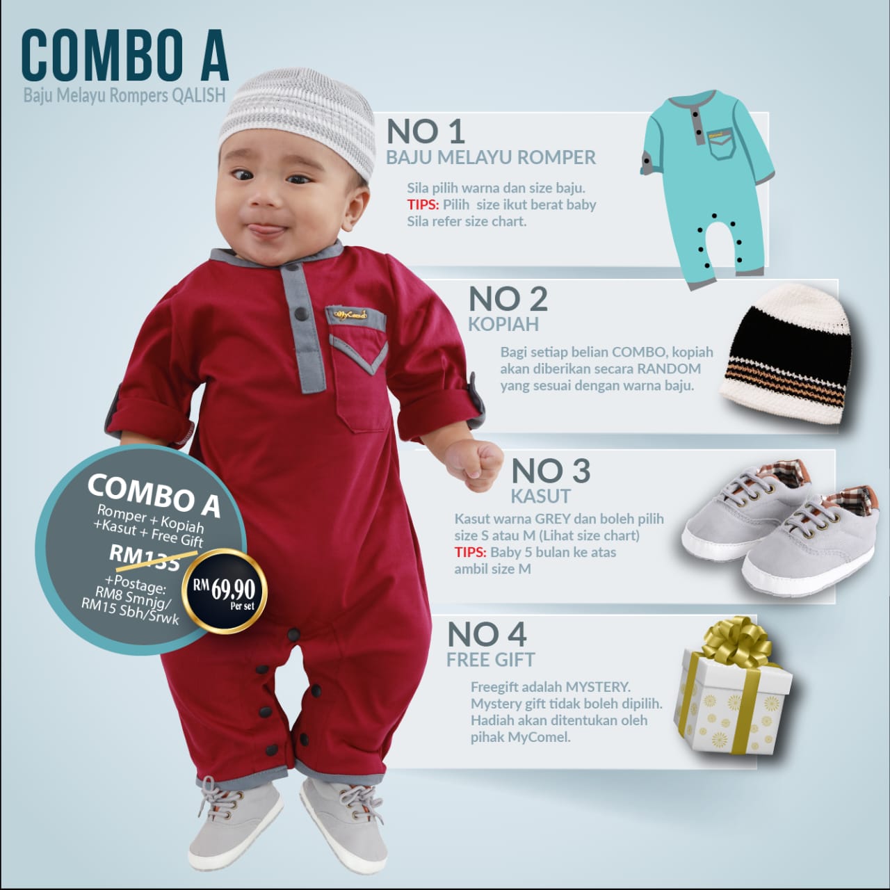 COMBO A QALISH ROMPER BAJU MELAYU (NEWBORN HINGGA 12 BULAN)-45 WARNA