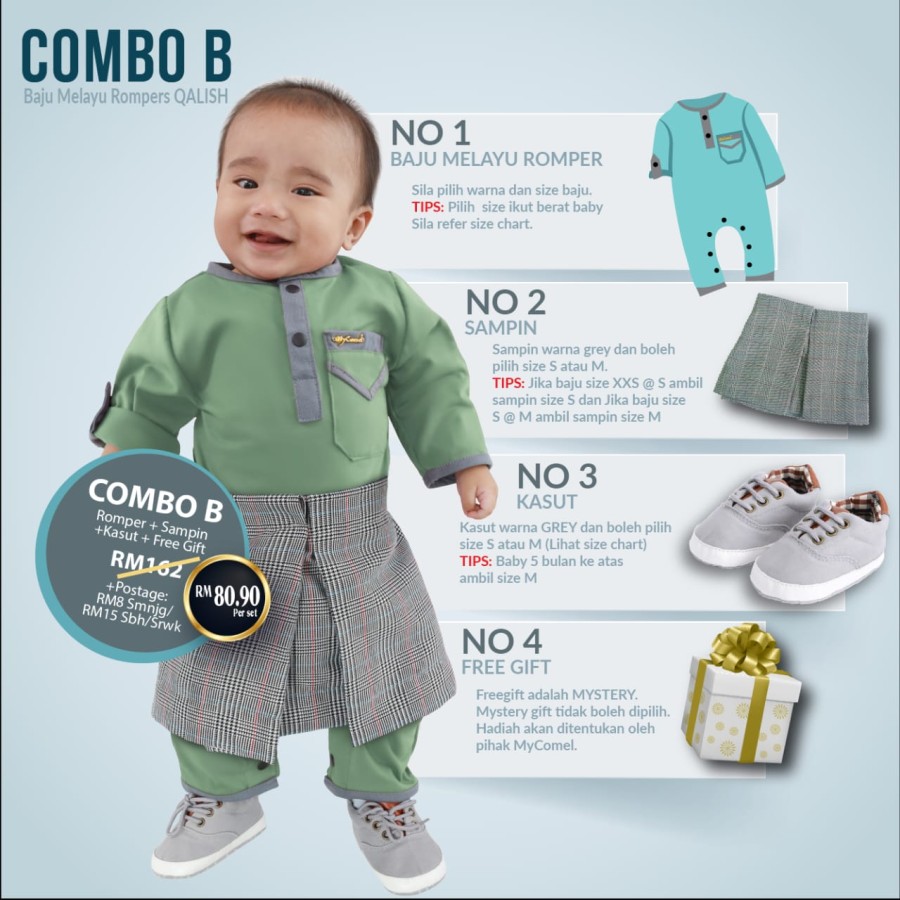 COMBO B QALISH ROMPER BAJU MELAYU (NEWBORN HINGGA 12 BULAN)-45 WARNA