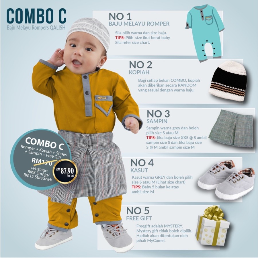 COMBO C QALISH ROMPER BAJU MELAYU (NEWBORN HINGGA 12 BULAN)-45 WARNA