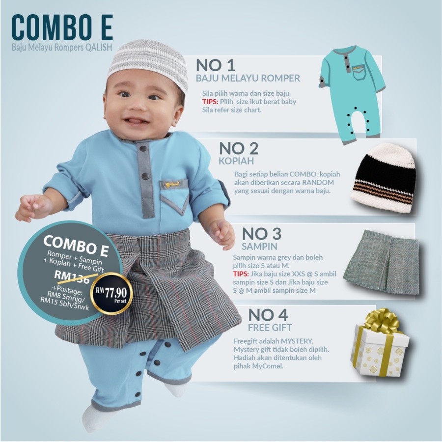 COMBO E QALISH ROMPER BAJU MELAYU (NEWBORN HINGGA 12 BULAN)-45 WARNA